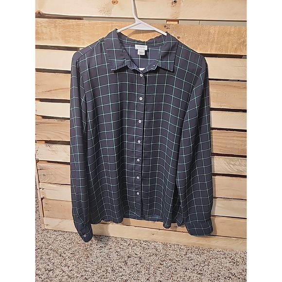 J.CREW Tops - J Crew Shirt Women's L Navy Green Poly Check Long Sleeve Button Up